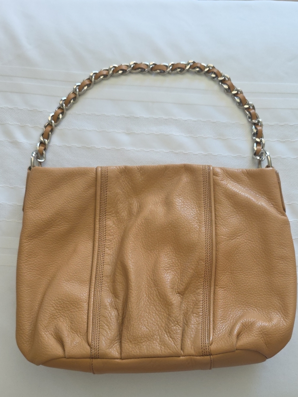 Calvin Klein Camel/Tan Leather Shoulder Bag w/ Silver Chain-Linked Strap